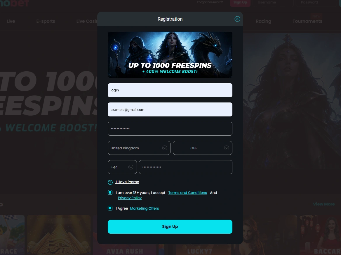 Registration form displaying login, email, password, country, currency, phone and consent options